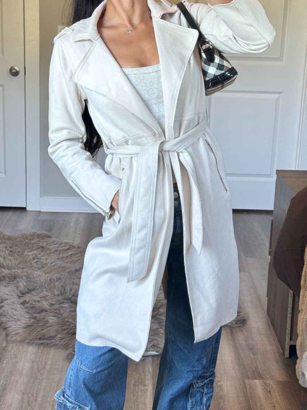 Tahari Faux Leather Ivory Suede Belted Trench Coat Sz XS Minimalist Quiet Luxury